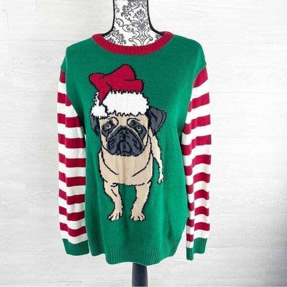 Ugly Christmas Sweater Santa Pug Striped Christmas Sweater - Picture 2 of 8